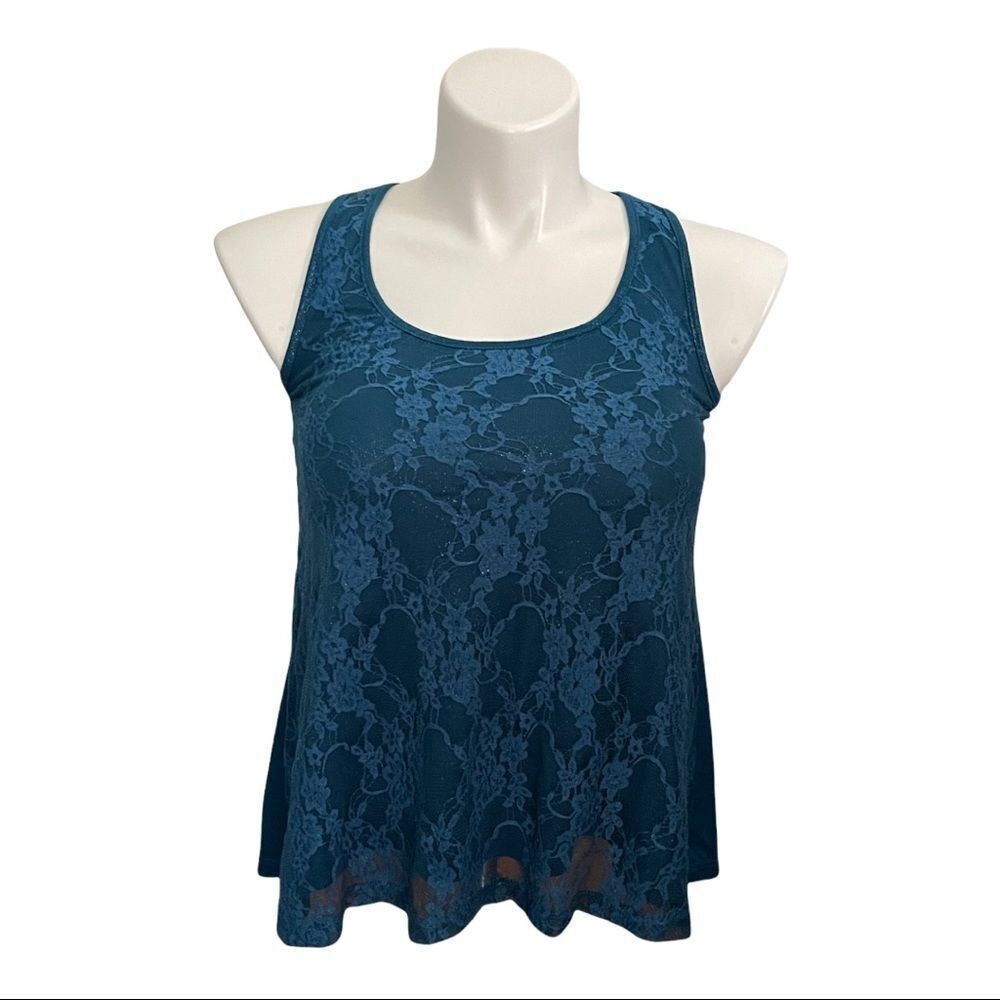 𝅺mudd Women's Lace Overlay Racerback Style Tank‎ Top-Turquoise Blue